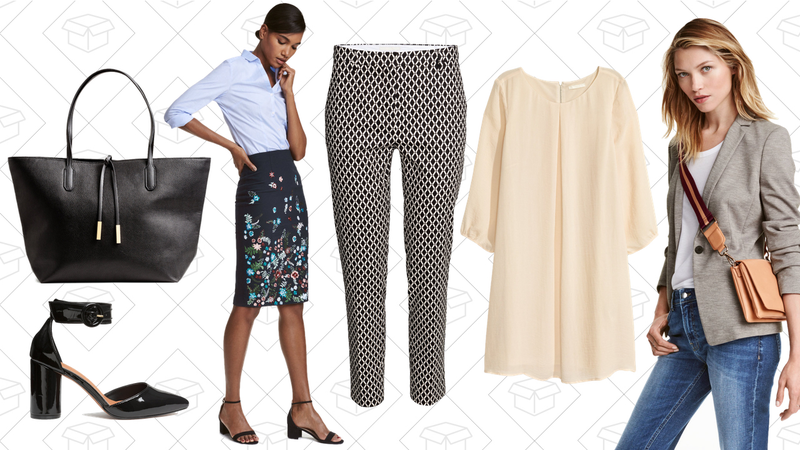 Shopper with Ties, $18 | Patent Open-sided Pumps, $25 | Pencil Skirt, $30 | Slacks, $13 | Chiffon Dress, $18 | Jersey Jacket, $30